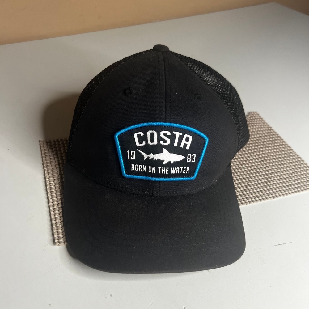 Costa Del Mar Trucker Hat Black Mesh Snapback Shark Patch Born On The Water Cap